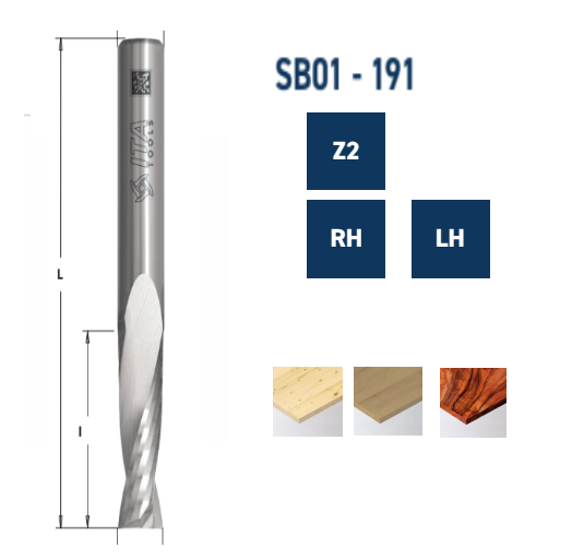 SB01 Spirālfrēze  Z=2 Upcut  RH un LH rotācija