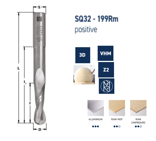 SQ32 Spirālfrēze 3D ALU , Z2 pagarināts korpus (body lowering) Upcut 