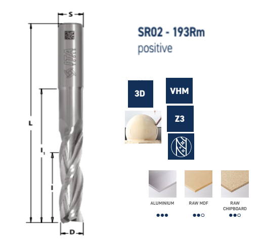 SR02 Spirālfrēze Z3 Rupjā 3D ALU , pagarināts korpus Upcut