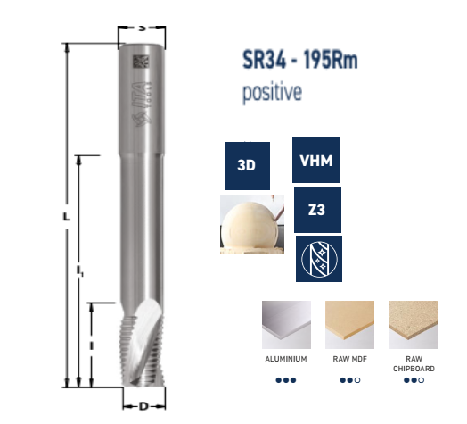 SR34 Spirālfreze 3D ALU Z3 Rupjā (roughing) pagarināts korpus Upcut