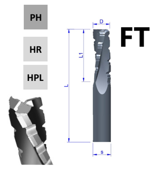 Kompozīta frēze Typ: FT, UpCut materiālam HPL, PH, HR.