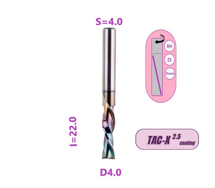 TAC-X Spirālfrēze 702. D4.0x22 S4 L50 DownCut Z2 RH TAC Coating